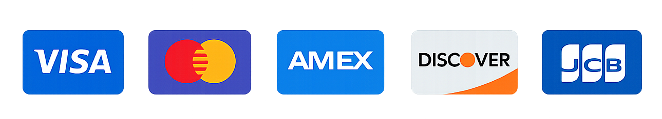 Accepted payment methods: Visa, Mastercard, Discover, Amex